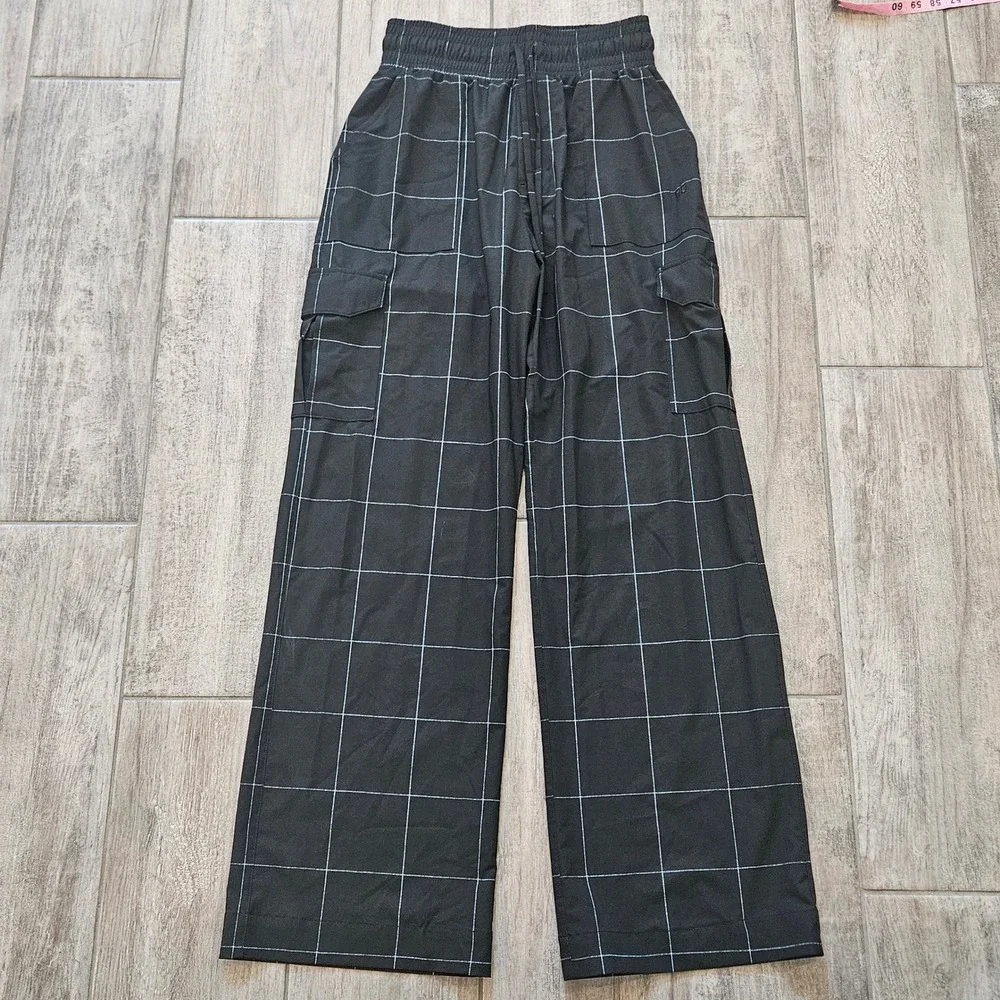 Albion Audrey Cargo Trouser Size‎ XS Black Windowpane Grid Wide Leg High Rise